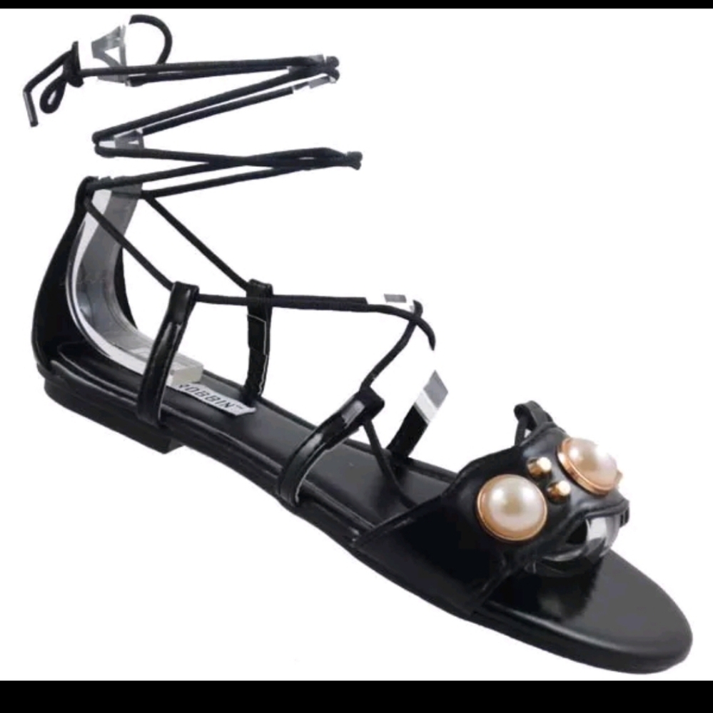 New Cape Robbin Women Shoes Flats/Gladitor/Sandals Black with Pearl Design